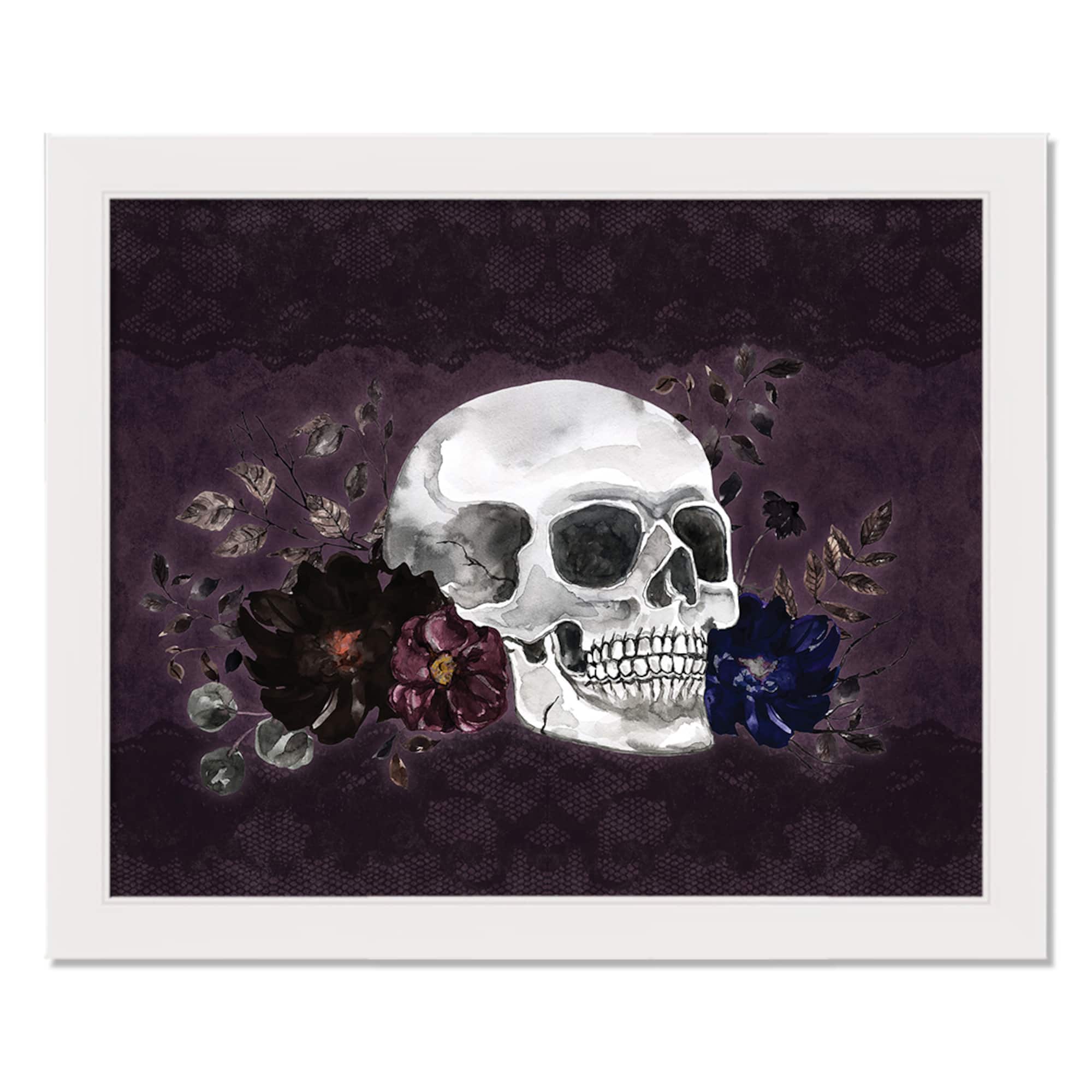 Floral Skull White Framed Print Wall Art